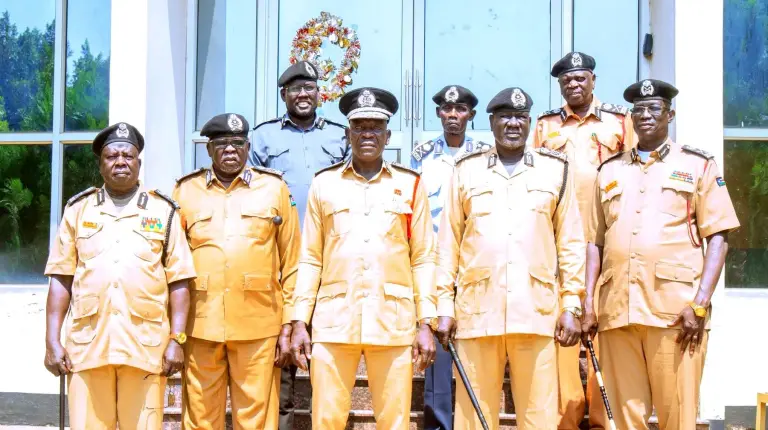 Senior officers of the South Sudan National Civil Defense Service in dress uniform at headquarters in Juba
