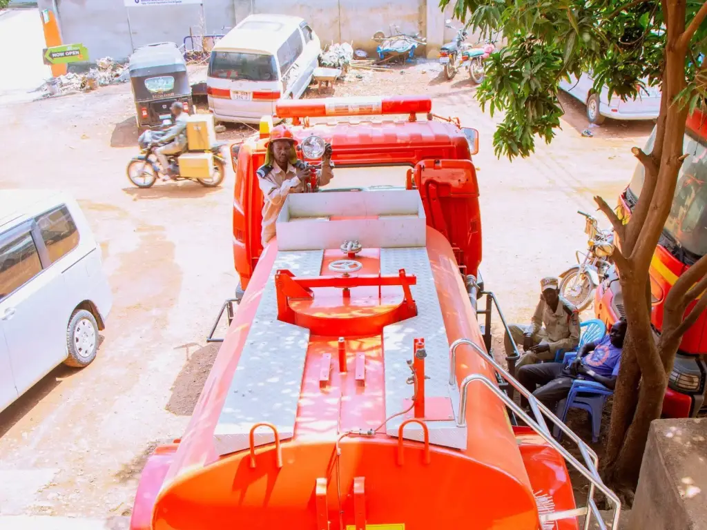 A new red NCDS fire tender with water tank and mounted rescue equipment